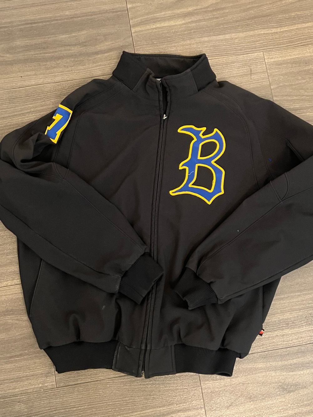 Vintage Black Bomber Baseball Jacket with Blue and Yellow Graphic #7 Sz Large